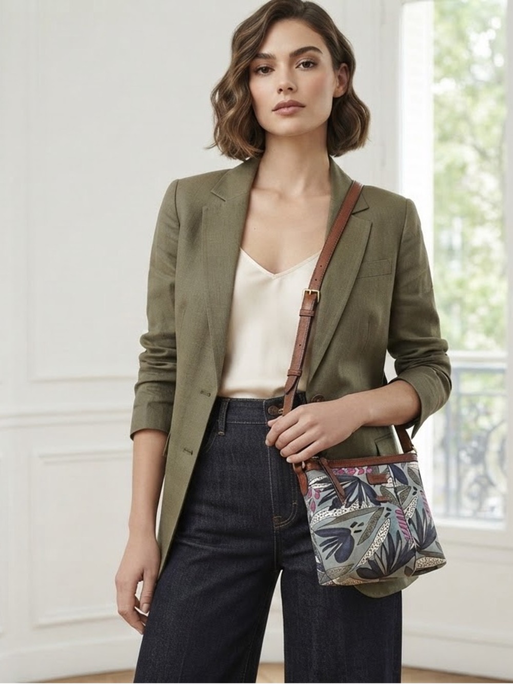 Fossil Multicolor Floral Crossbody with Brown Leather Strap